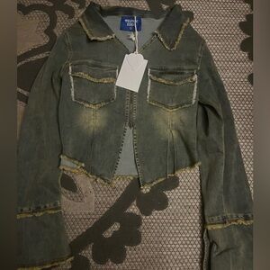 Aelfric Eden fringe zip up denim jacket.